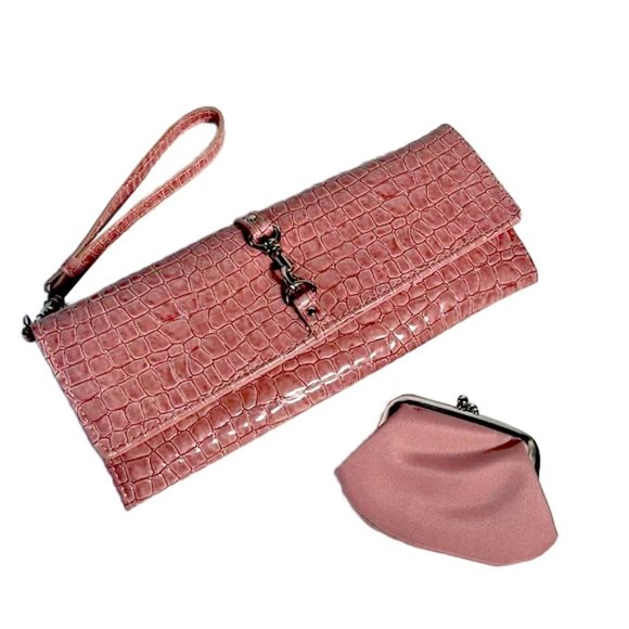 Van Heusen Peach Pink Reptile Texture Wallet Bag w/ Wrist Strap + Change Purse - Picture 1 of 6